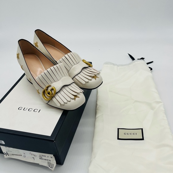 Gucci Shoes - GUCCI Bee Star Embroidered GG Marmont Fringe Loafer Pumps 35
